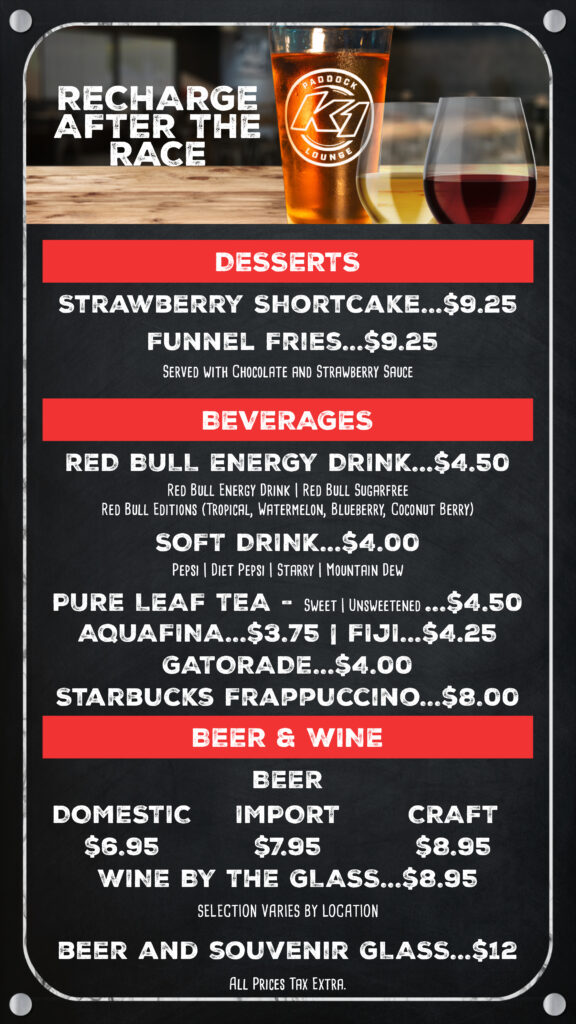 paddock lounge menu including desserts, beverages, beer and wine