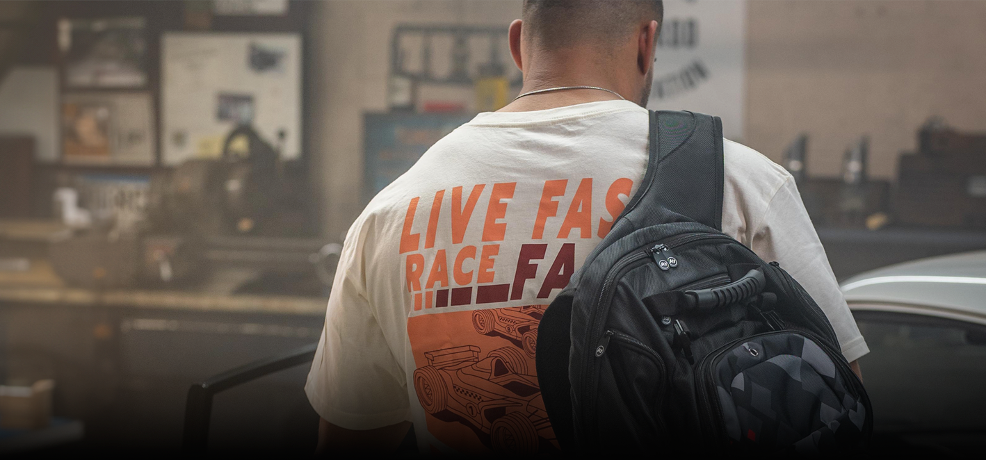 K1 Brand t-shirt and k1 RaceGear backpack
