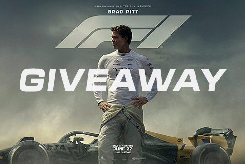 promotional image for F1 the movie featuring brad pitt and an f1 car with "giveaway" written in text over the image