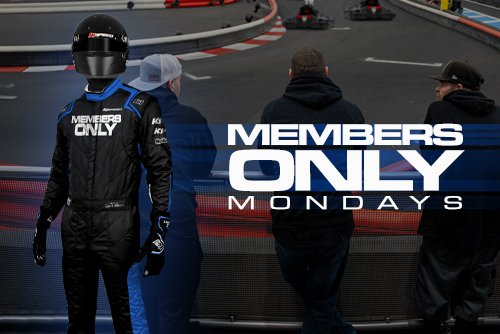 promotional graphic for members only mondays featuring a racer wearing a helmet and k1 racegear suit with "members only" printed on the front and image of people standing by the track in the background