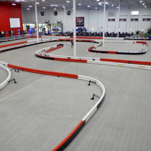 A view of the indoor go-karting track at K1 Speed Portland