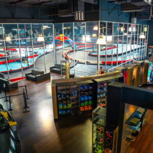 A birds eye view of the lobby and indoor karting track at K1 Speed Sacramento.