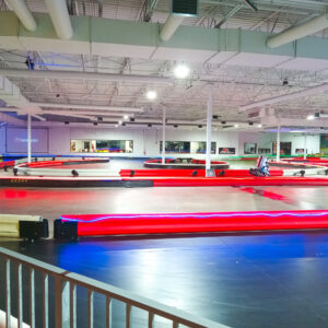 A view of the indoor go-karting track at K1 Speed Richmond
