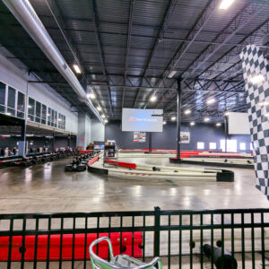 The second story viewing area on the left, and the indoor go kart track at K1 Speed Mokena.