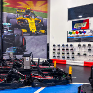 The pit lane and rental helmets at K1 Speed Bend.