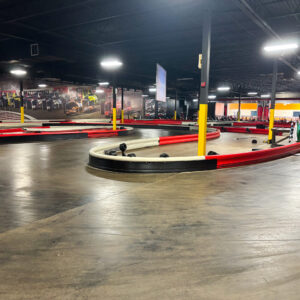 A hairpin turn on the indoor go kart track at K1 Speed Manassas.