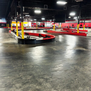 A hairpin turn on the indoor go kart track at K1 Speed Manassas.