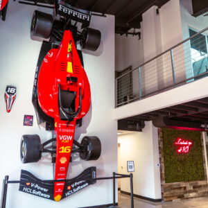 A Ferrari F1 showcar hangs on the wall at K1 Speed in Culver City