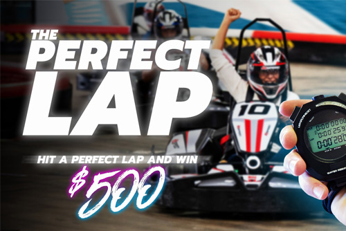 Perfect Lap Challenge graphic, featuring an image of a woman on track racing a go-kart with a stopwatch.