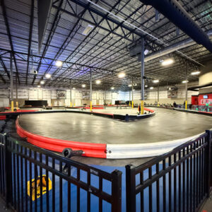 A view from the corner of the indoor go karting track at K1 Speed Dulles.