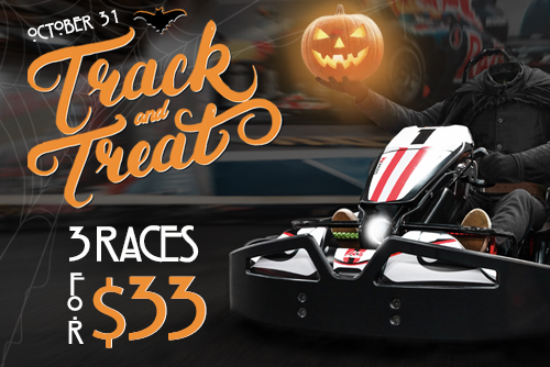 K1 Speed Track and Treat Halloween special with a headless go-kart racer holding a jack-o'-lantern. Get 3 races for $33 on October 31.