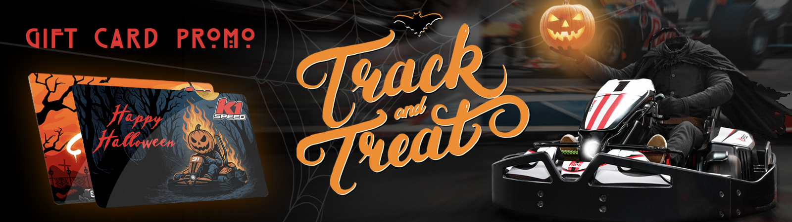 promotional halloween graphic for k1 speed's gift card offer featuring headless horseman behind the wheel of a go kart
