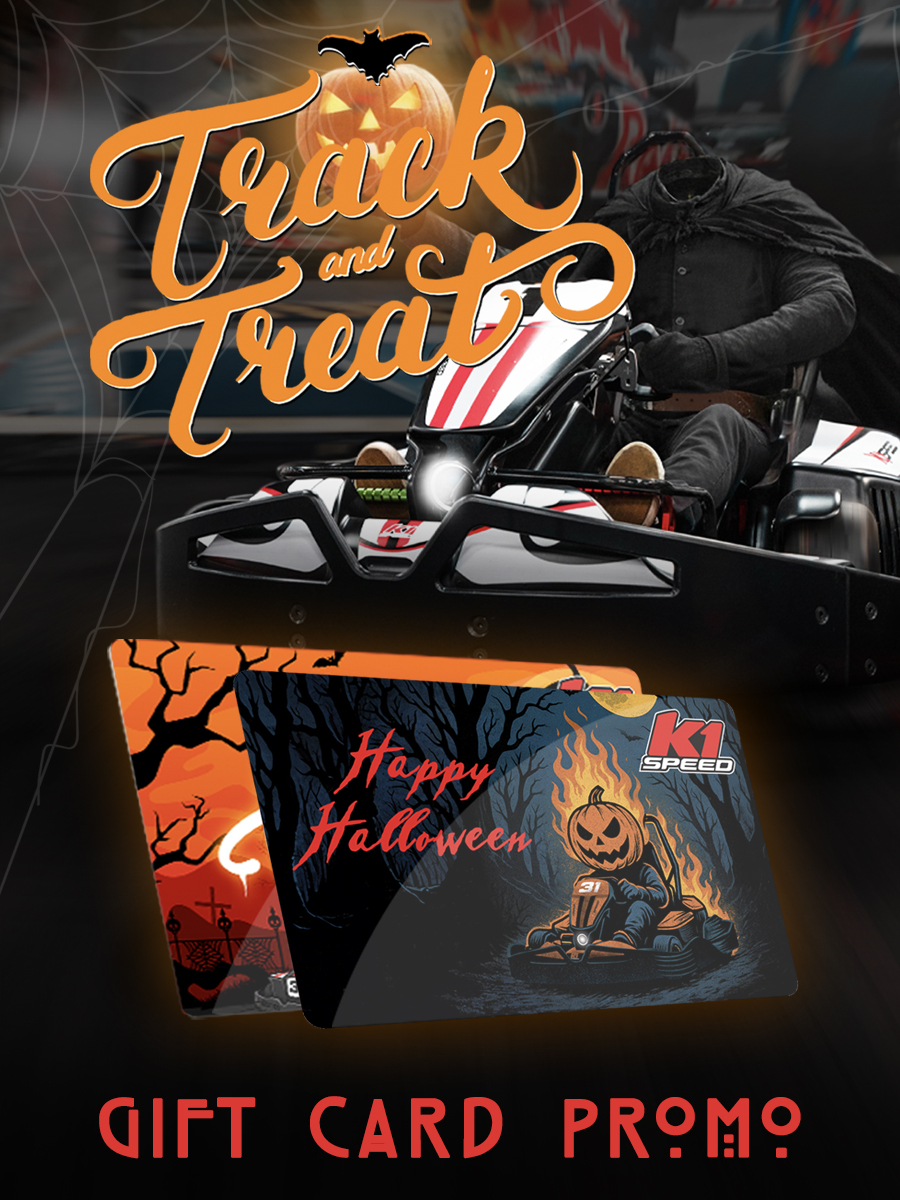 promotional halloween graphic for k1 speed's gift card offer featuring headless horseman behind the wheel of a go kart