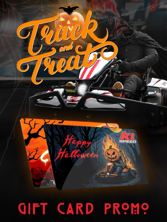promotional halloween graphic for k1 speed's gift card offer featuring headless horseman behind the wheel of a go kart