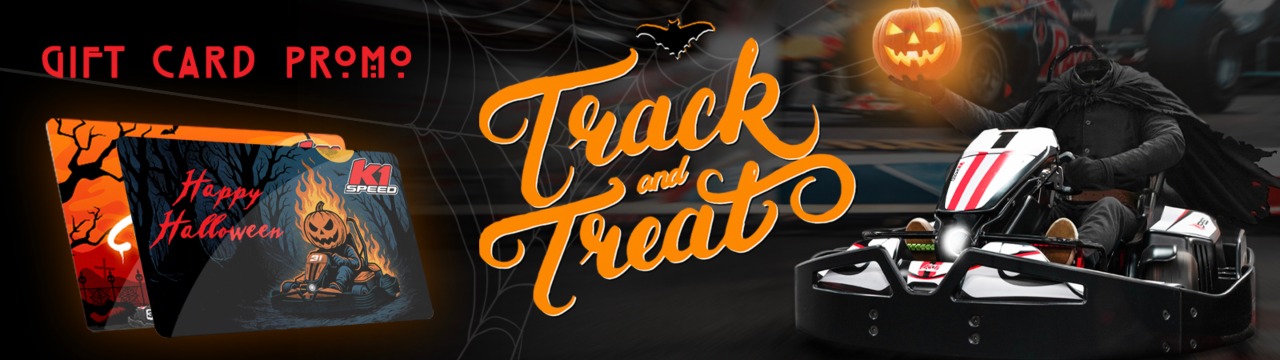 promotional halloween graphic for k1 speed's gift card offer featuring headless horseman behind the wheel of a go kart