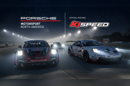 Porsche and K1 Speed partnership graphic, with Porsches racing on a track at night.