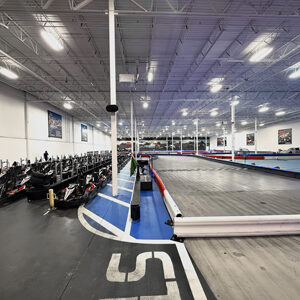 The pit lane and start, finish line at K1 Speed Denver, in Littleton.