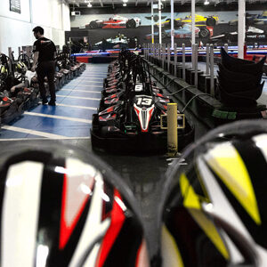 Rental helmets in the pit lane at K1 Speed in Littleton.