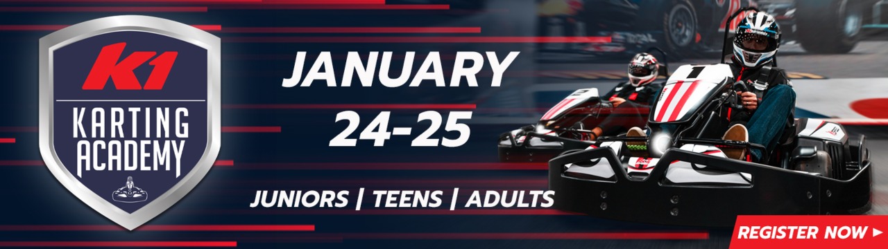 promotional image for k1 karting academy, on january 24-25 for juniors, teens, adults