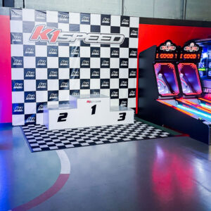 Arcade games, Skee-Ball, and the podium at K1 Speed.