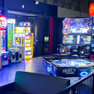 Seating and a view of the arcade at K1 Speed Jessup.