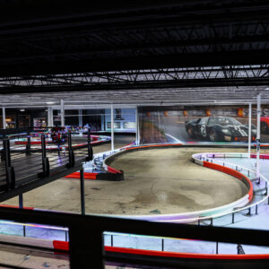 An overhead shot of the indoor go-kart track at K1 Speed in Oxford, Michigan