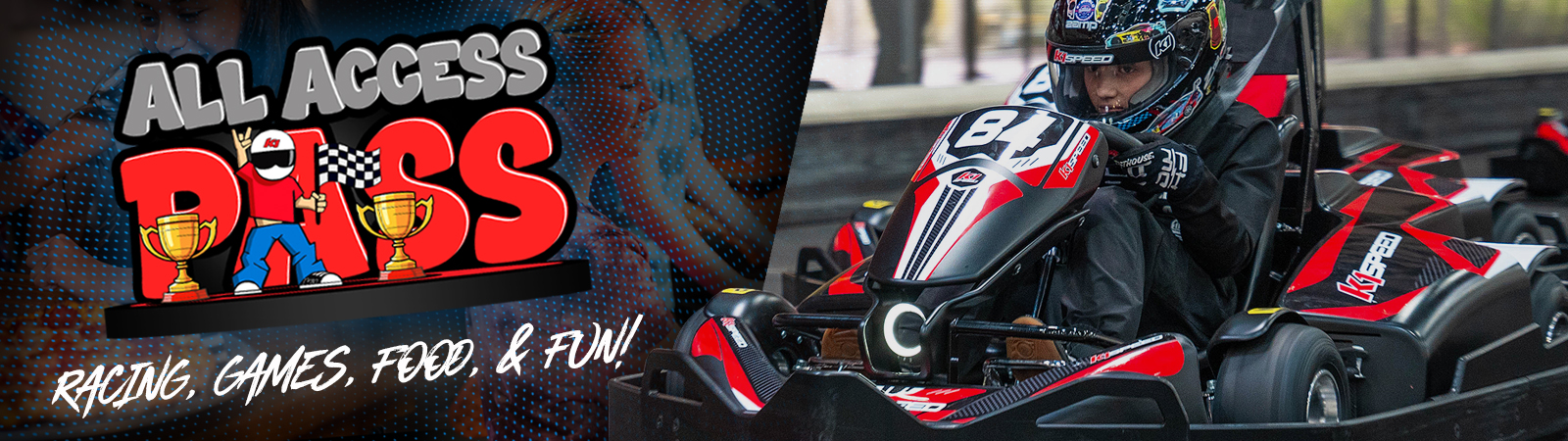 banner advertising the "all access pass" for schools and summer camps showing a kid racing a go-kart and text reading "all access pass - racing, games, food and fun"