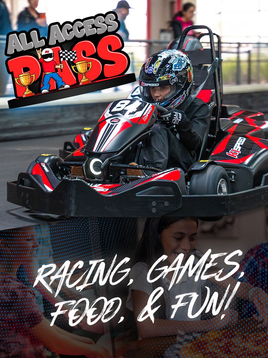 banner advertising the "all access pass" for schools and summer camps showing a kid racing a go-kart and text reading "all access pass - racing, games, food and fun"