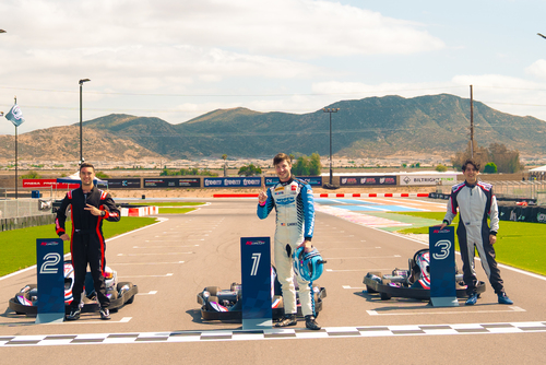 The adult podium finishers from the K1 Speed World E-Karting Championship.