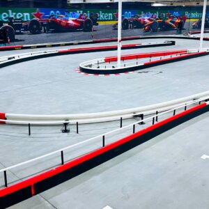 A hairpin turn on the indoor go-karting track.