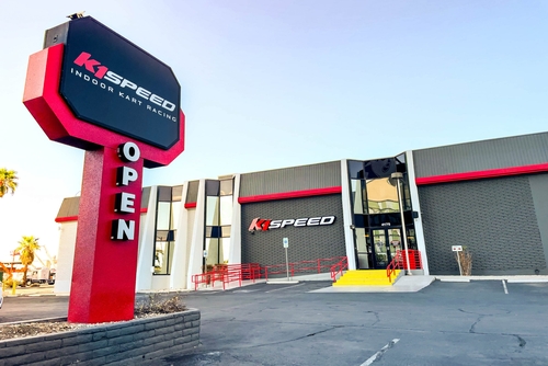 The exterior and parking lot of K1 Speed Las Vegas.