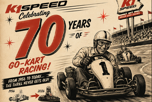 Vintage-style K1 Speed promotional poster celebrating 70 years of go-kart racing, featuring retro kart racers, a 1956-to-2026 timeline, a $19.56 single race anniversary offer, and promotion for the World's Largest K1 Go-Kart Race.