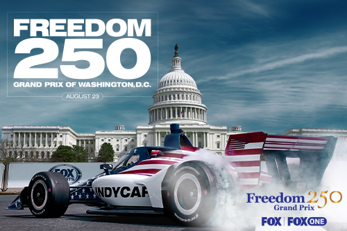 Promotional image for the Freedom 250 Grand Prix of Washington, D.C., featuring an American flag-themed IndyCar performing a burnout in front of the U.S. Capitol with event details for August 23 and FOX broadcast logos.