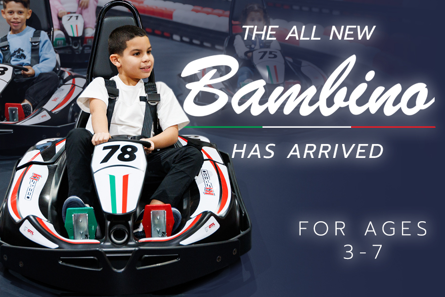 Young racer driving the new K1 Speed Bambino go-kart, featuring Italian-inspired red, white, and green accents, with other junior racers in the background. Promotional text reads, “The All New Bambino Has Arrived.”